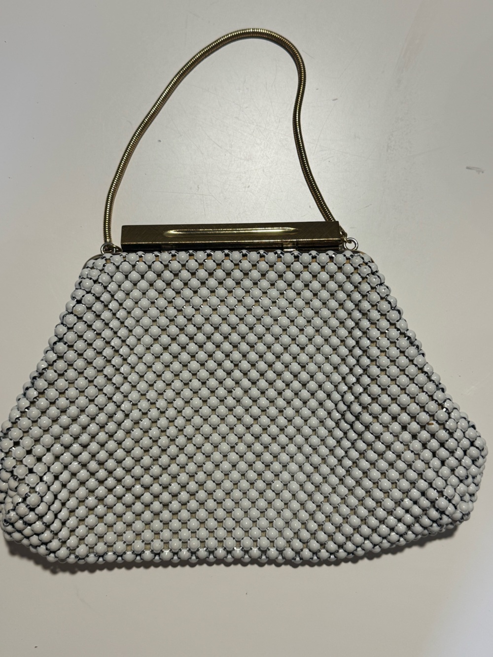 Whiting & Davis White Metal Mesh Evening Clutch with Gold Frame